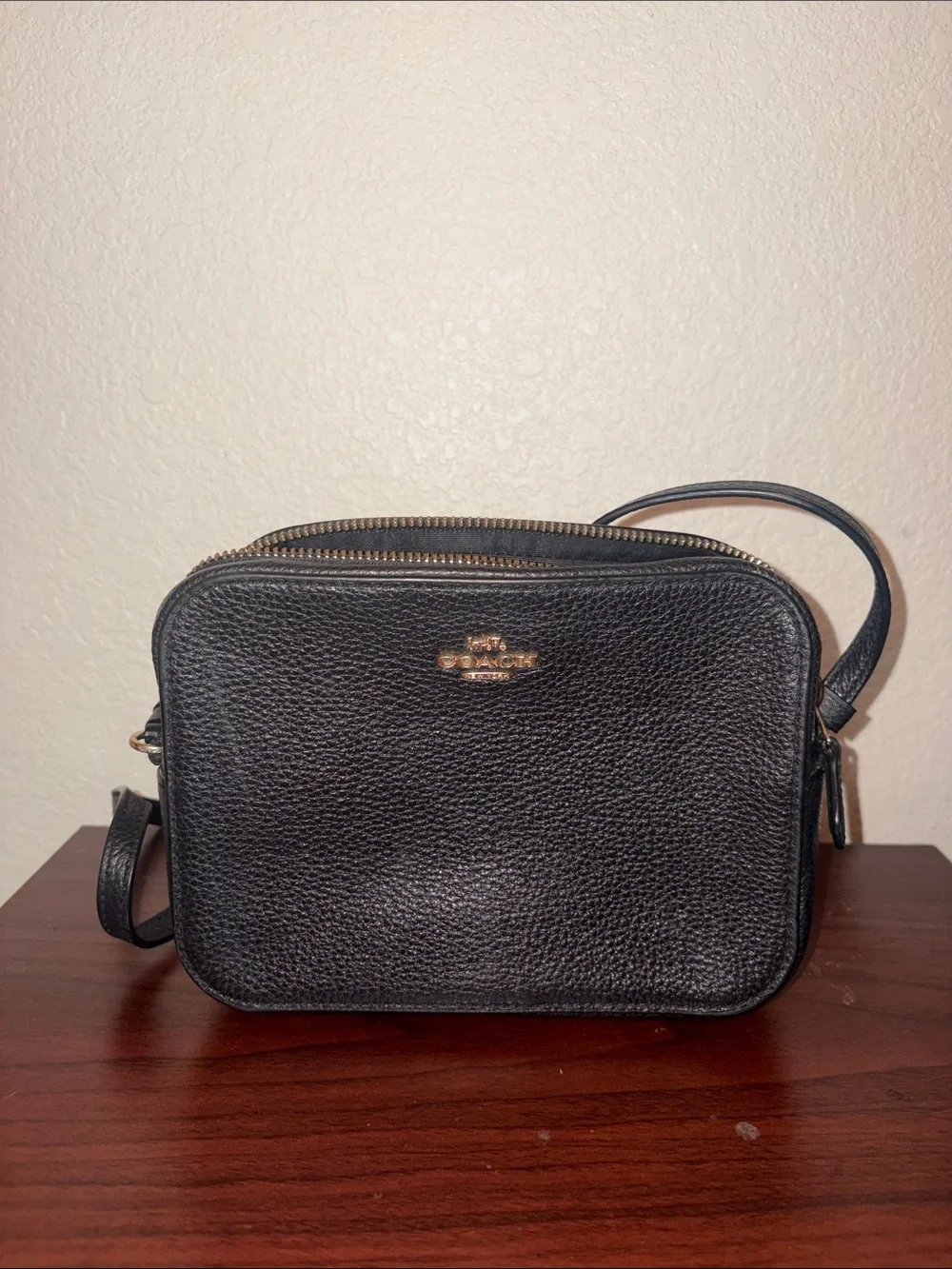 Coach Black Pebbled Leather Camera Crossbody with Gold Logo